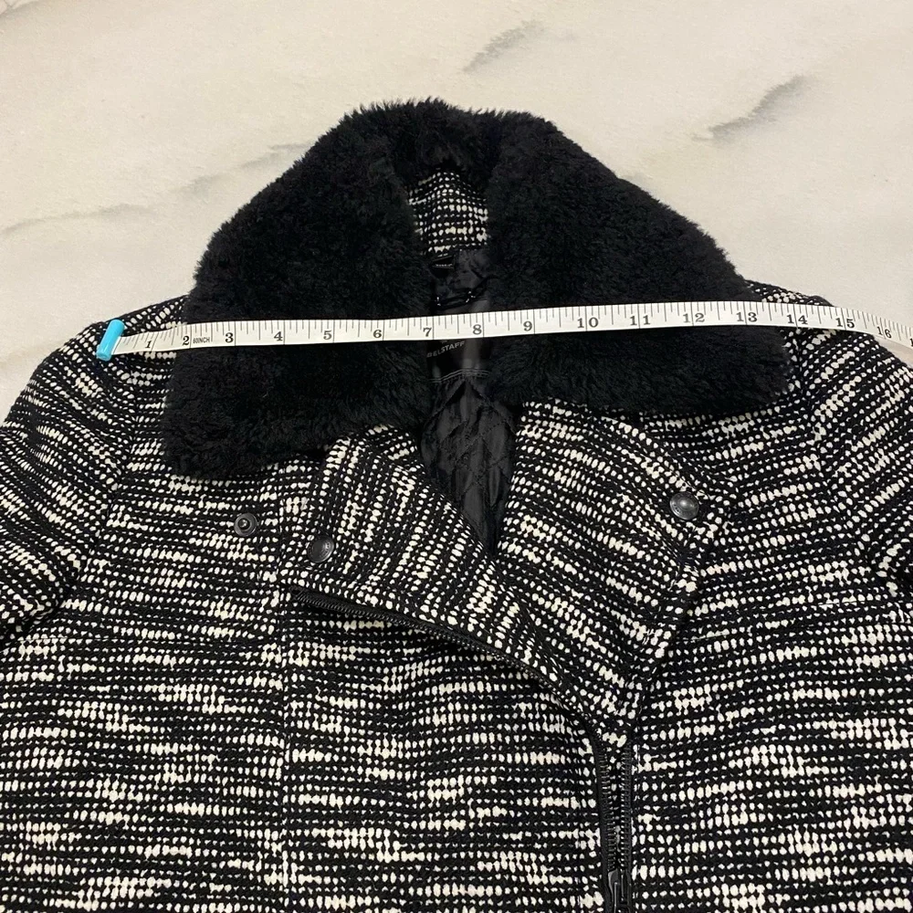 Belstaff Jacket Size Small Black White Wool Blend Shearling Collar Moto - Picture 10 of 16